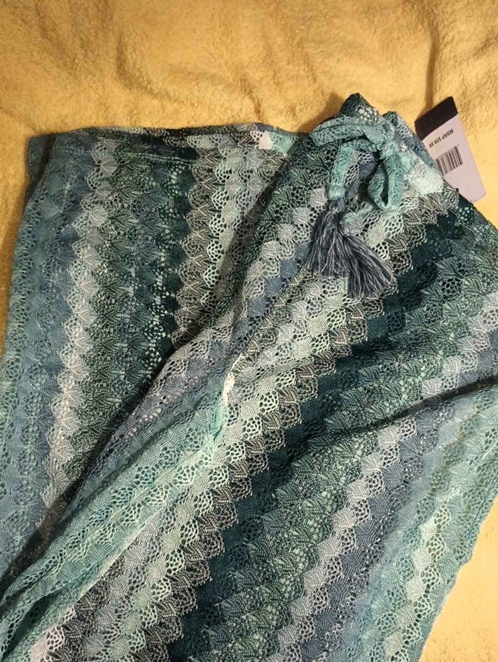 Turquoise Gradient Crochet Swimsuit Cover Pants with Tassel Side Slit